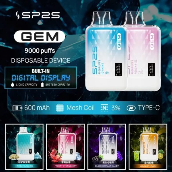 sp2s一次性電子煙9000口-主圖1 🌈SP2S GEM 拋棄式9000口可充電一次性電子煙 液晶屏電亮顯示🔥 現貨當日出